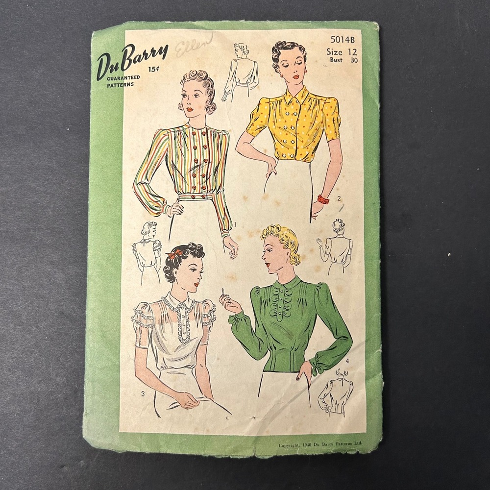 Vintage 40's Du Barry 5014B Sewing Pattern Misses Size 12 Blouse Set